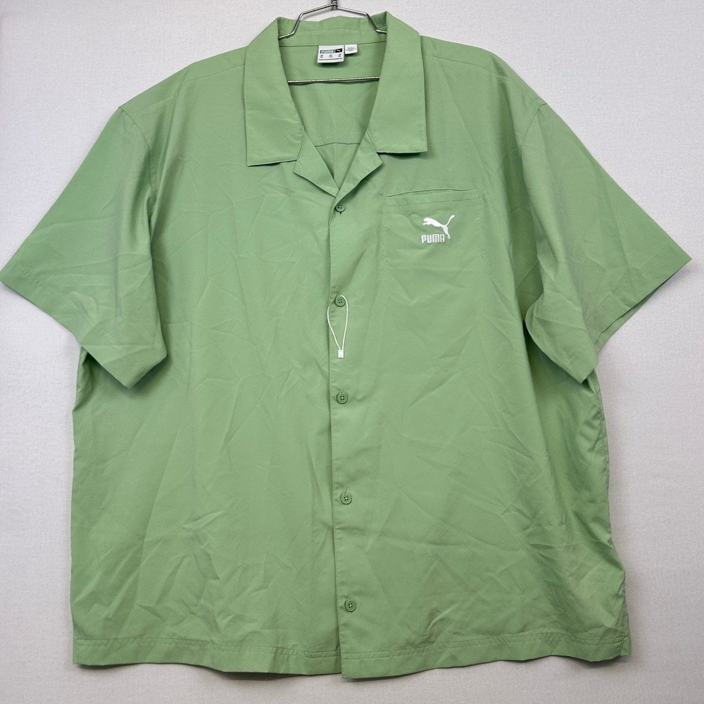 Puma Button Up Shirt Mens XXL Green Excellent Short Sleeve Camp Collar 624257-89